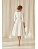 Minimalist Tea-Length Satin Wedding Dress with 3/4 Sleeves for Courthouse Ceremonies