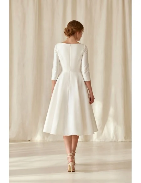 Minimalist Tea-Length Satin Wedding Dress with 3/4 Sleeves for Courthouse Ceremonies