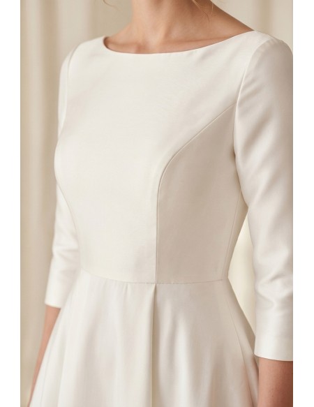 Minimalist Tea-Length Satin Wedding Dress with 3/4 Sleeves for Courthouse Ceremonies