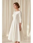Minimalist Tea-Length Satin Wedding Dress with 3/4 Sleeves for Courthouse Ceremonies