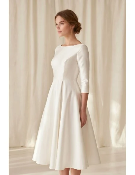 Minimalist Tea-Length Satin Wedding Dress with 3/4 Sleeves for Courthouse Ceremonies