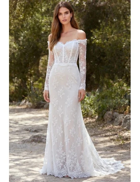 Off-Shoulder Lace Long Sleeve Wedding Dress for Romantic Outdoor Ceremonies