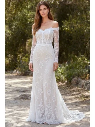 Off-Shoulder Lace Long Sleeve Wedding Dress for Romantic Outdoor Ceremonies