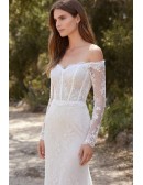 Off-Shoulder Lace Long Sleeve Wedding Dress for Romantic Outdoor Ceremonies