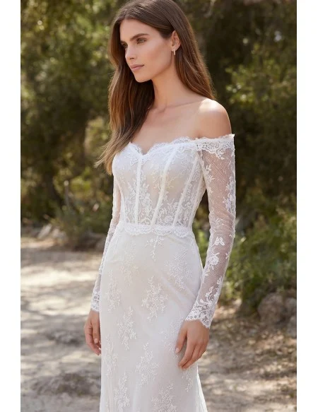 Off-Shoulder Lace Long Sleeve Wedding Dress for Romantic Outdoor Ceremonies