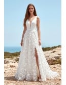 Plunge-Neck Floral Applique Wedding Dress with Leg Slit for Beach Ceremonies
