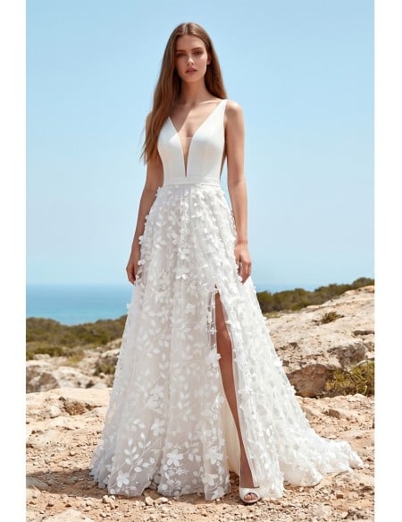 Plunge-Neck Floral Applique Wedding Dress with Leg Slit for Beach Ceremonies