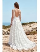 Plunge-Neck Floral Applique Wedding Dress with Leg Slit for Beach Ceremonies