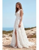 Plunge-Neck Floral Applique Wedding Dress with Leg Slit for Beach Ceremonies