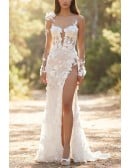 Sexy Lace Applique Wedding Dress with Illusion Bodice and Slit for Garden Ceremonies