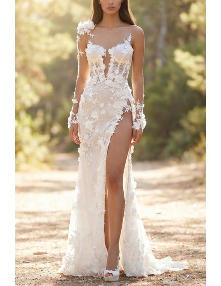 Sexy Lace Applique Wedding Dress with Illusion Bodice and Slit for Garden Ceremonies