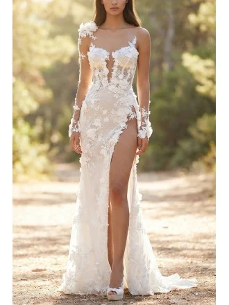 Sexy Lace Applique Wedding Dress with Illusion Bodice and Slit for Garden Ceremonies