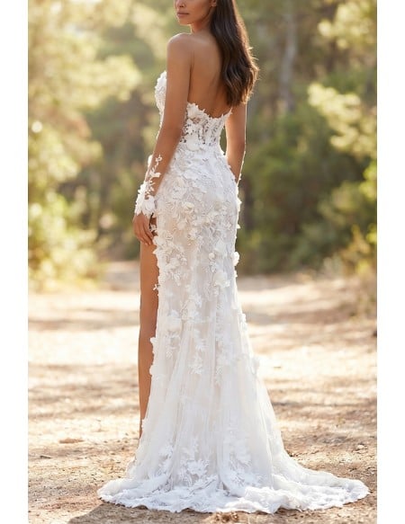 Sexy Lace Applique Wedding Dress with Illusion Bodice and Slit for Garden Ceremonies