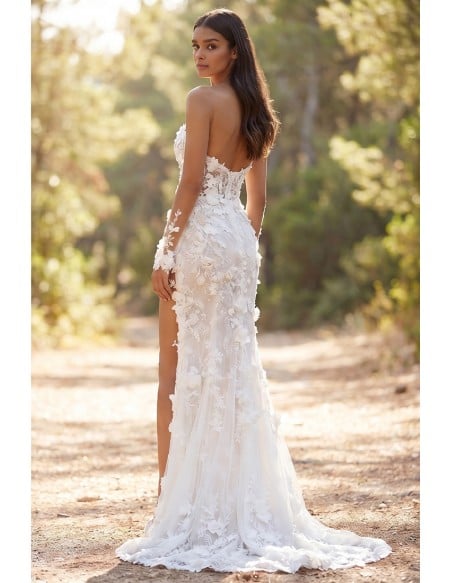 Sexy Lace Applique Wedding Dress with Illusion Bodice and Slit for Garden Ceremonies