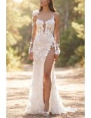 Sexy Lace Applique Wedding Dress with Illusion Bodice and Slit for Garden Ceremonies