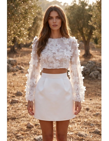 Boho Floral Applique Two-Piece Bridal Dress with Sheer Sleeves for Reception Celebrations