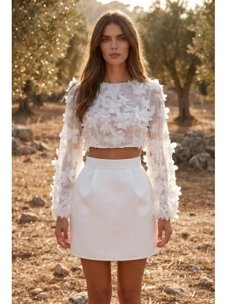 Boho Floral Applique Two-Piece Bridal Dress with Sheer Sleeves for Reception Celebrations