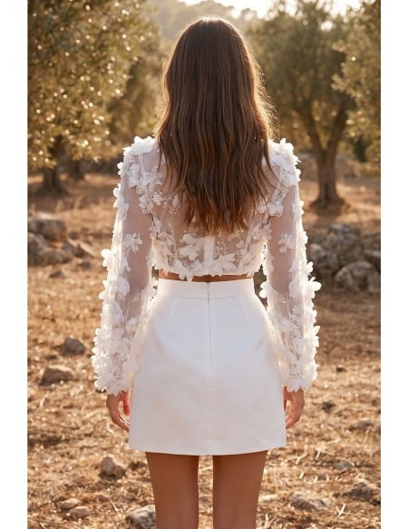 Boho Floral Applique Two-Piece Bridal Dress with Sheer Sleeves for Reception Celebrations