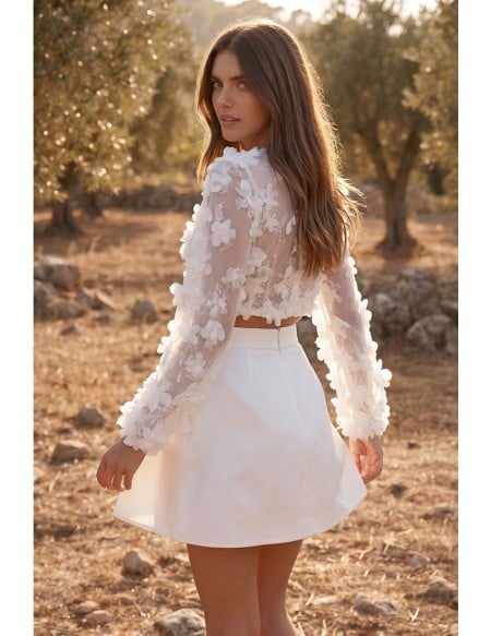 Boho Floral Applique Two-Piece Bridal Dress with Sheer Sleeves for Reception Celebrations