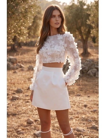 Boho Floral Applique Two-Piece Bridal Dress with Sheer Sleeves for Reception Celebrations