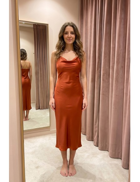 Satin Cowl Neck Slip Midi Dress for Wedding Guests