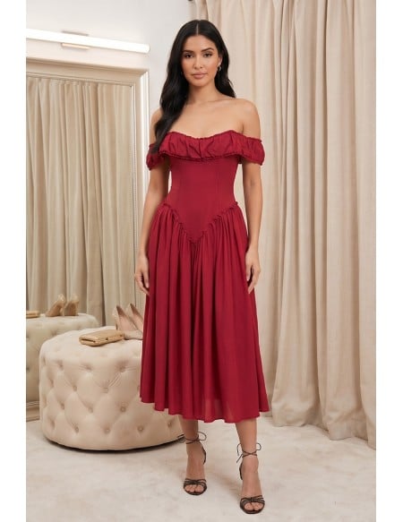 Off-Shoulder Corset Midi Dress for Wedding Guests