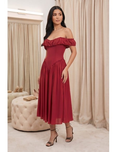 Off-Shoulder Corset Midi Dress for Wedding Guests