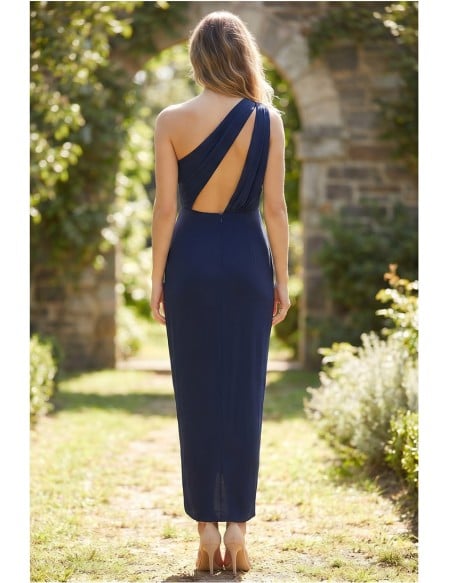 One-Shoulder Draped Slit Midi Dress for Garden Wedding