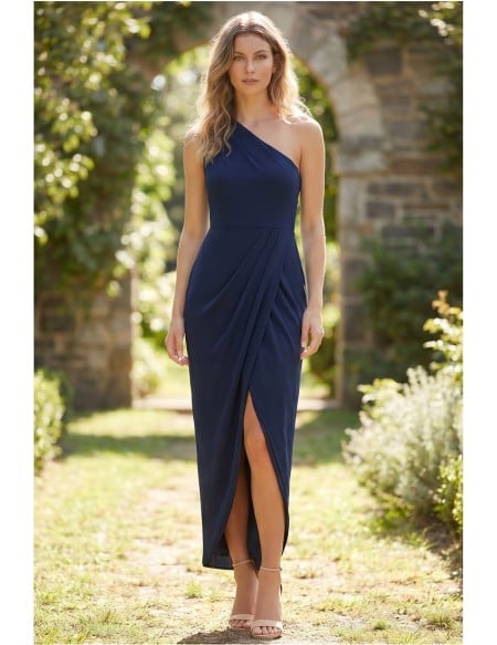 One-Shoulder Draped Slit Midi Dress for Garden Wedding
