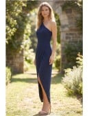 One-Shoulder Draped Slit Midi Dress for Garden Wedding