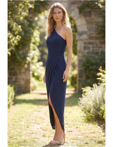One-Shoulder Draped Slit Midi Dress for Garden Wedding