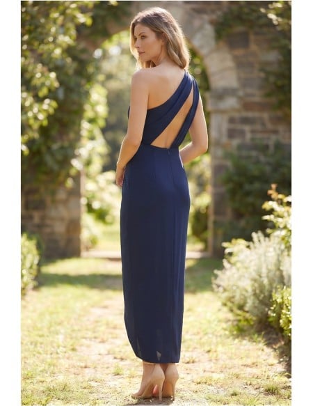 One-Shoulder Draped Slit Midi Dress for Garden Wedding