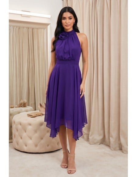 Chiffon Halter Asym Hem Midi Dress for Wedding Guests