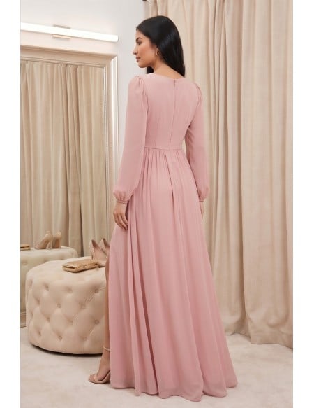 Chiffon Long Sleeve Slit Maxi Dress for Wedding Guests