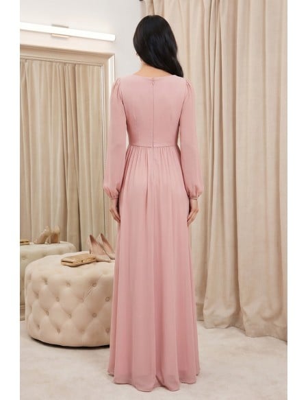 Chiffon Long Sleeve Slit Maxi Dress for Wedding Guests