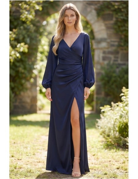 Satin Wrap Long-Sleeve Slit Maxi Dress for Garden Wedding