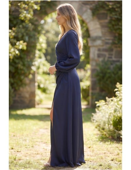 Satin Wrap Long-Sleeve Slit Maxi Dress for Garden Wedding