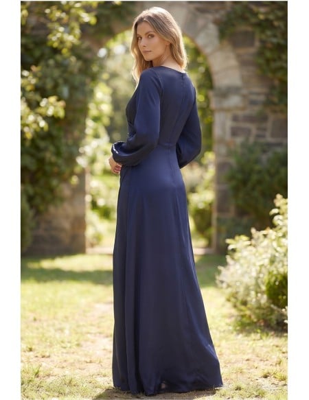Satin Wrap Long-Sleeve Slit Maxi Dress for Garden Wedding