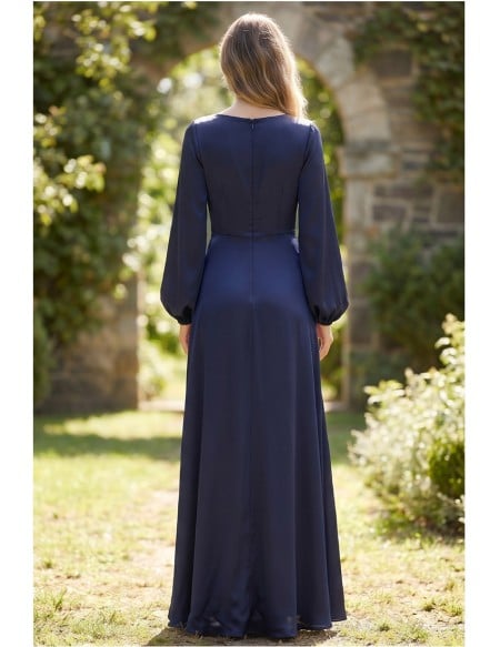 Satin Wrap Long-Sleeve Slit Maxi Dress for Garden Wedding