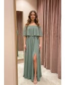 Off-Shoulder Chiffon Slit Maxi Dress for Wedding Guests