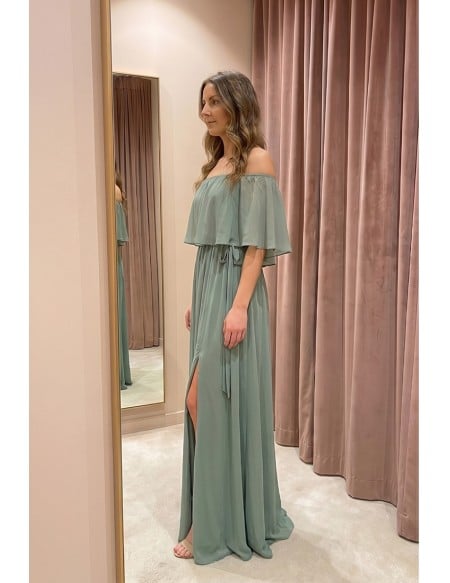 Off-Shoulder Chiffon Slit Maxi Dress for Wedding Guests