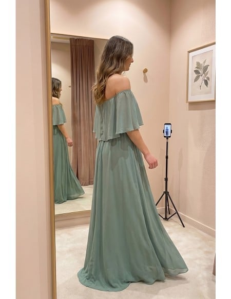 Off-Shoulder Chiffon Slit Maxi Dress for Wedding Guests