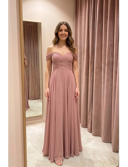 Off Shoulder Chiffon Flowy A-Line Dress for Garden Weddings