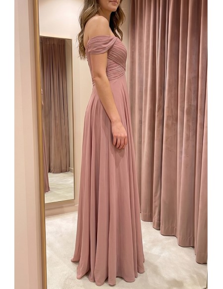 Off Shoulder Chiffon Flowy A-Line Dress for Garden Weddings