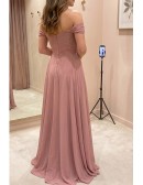 Off Shoulder Chiffon Flowy A-Line Dress for Garden Weddings