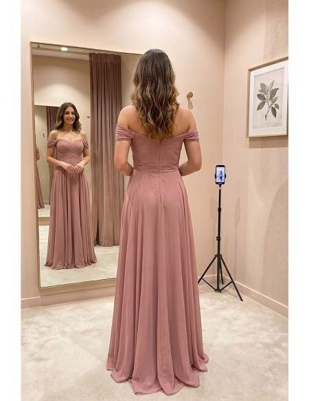 Off Shoulder Chiffon Flowy A-Line Dress for Garden Weddings