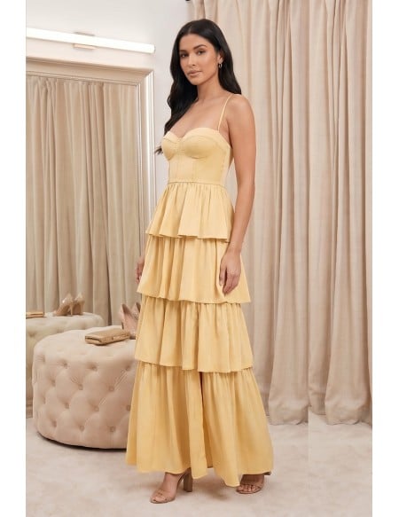 Tiered Satin Corset Maxi Dress with Slit for Garden Wedding