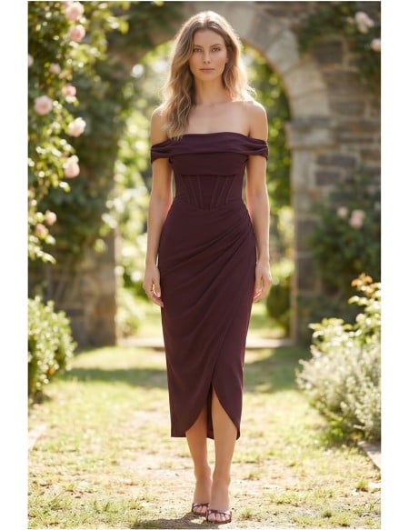 Corset Off-Shoulder Midi Dress with Slit for Garden Wedding