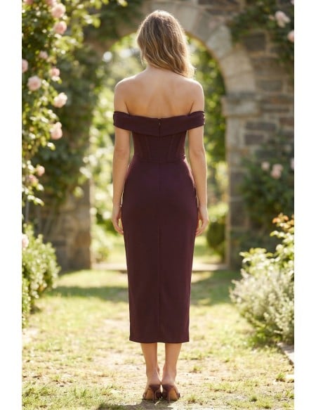 Corset Off-Shoulder Midi Dress with Slit for Garden Wedding