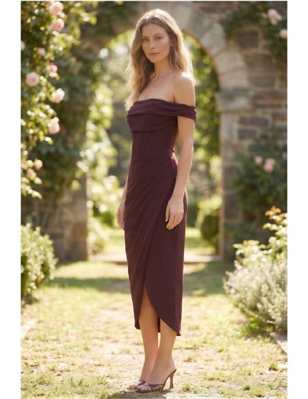 Corset Off-Shoulder Midi Dress with Slit for Garden Wedding